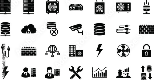 Data center and web hosting icon set featuring servers cloud storage security hardware and infrastructure