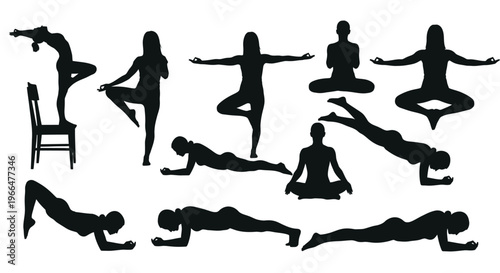Yoga poses silhouettes collection isolated on white background for exercise concept