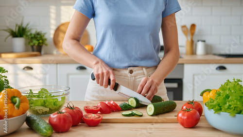 A woman holds a large knife, the green vegetable is being sliced, the woman has hands visible, the cutting board is made of wood, the counter is white and clean, a meal is being made, 
