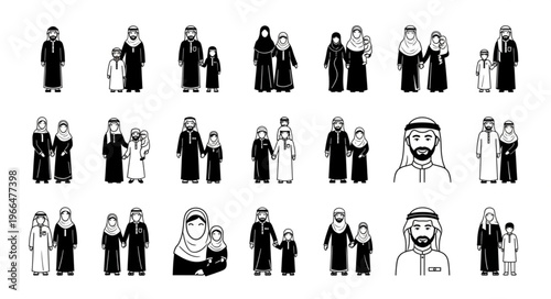 Arab family in traditional attire, black and white illustration.