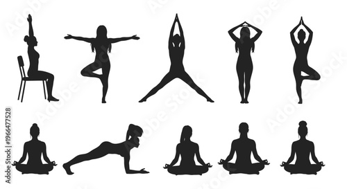 Yoga poses silhouettes collection isolated on white background for exercise