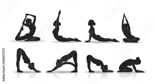Yoga poses silhouettes diverse female figures in various exercise positions