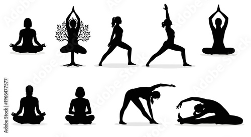 Yoga poses silhouettes diverse body shapes for health and wellness concepts