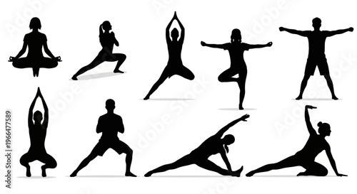 Yoga poses silhouettes diverse figures in athletic exercise and meditation