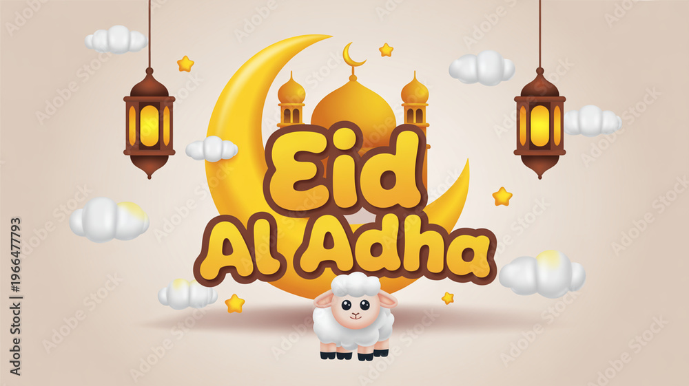 Fototapeta premium Eid al adha celebration with a cartoon sheep and mosque in the background with lanterns and clouds on a beige background