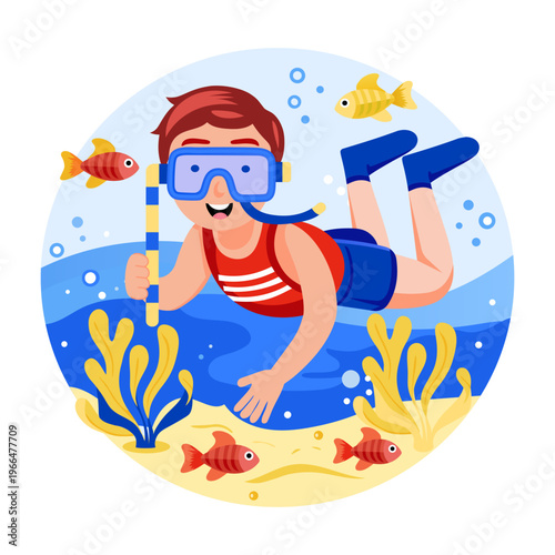 A flat style illustration of scuba diving