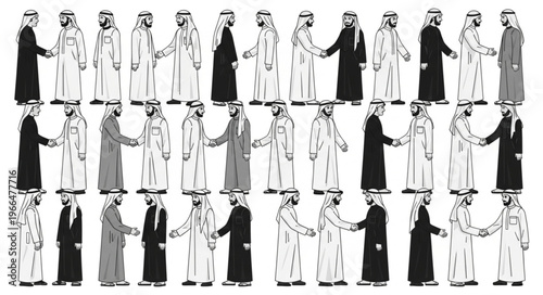 Arab Men in Traditional Attire Shaking Hands in Unity.