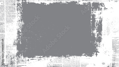 Distressed grey square overlay on vintage newspaper text with torn edges
