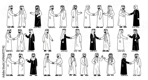 Arab Men in Traditional Attire Shaking Hands in Unity.
