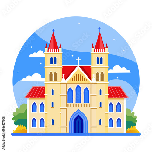 A flat style illustration of a cathedral
