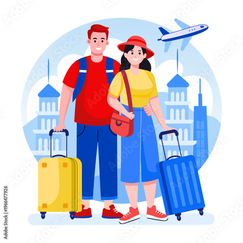 A flat style illustration depicting couple travel