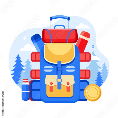 A flat style illustration depicting hiking bag