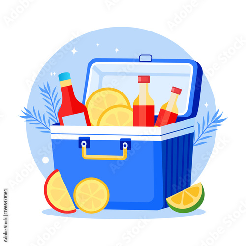 A flat style illustration showing ice cooler