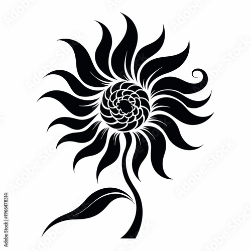 Black silhouette floral pattern with tribal swirl elements and nature leaf ornament design for tattoo art illustration