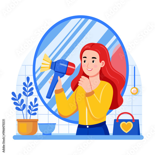 A flat style illustration showing blow drying