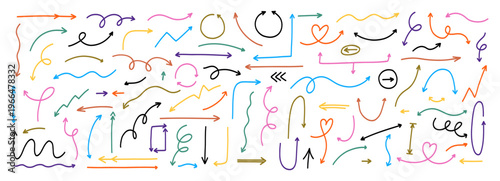 Doodle Colorful Thin Line Arrow Icon Set. Handdrawn Spiral Down Arrow Shape Kit. Hand Drawn Vector Illustration