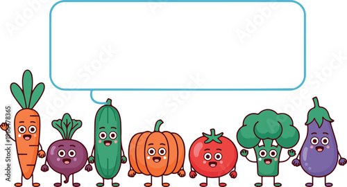 Cartoon vector funny vegetables holding blank banner with smiling faces cute food characters for healthy organic promotion and kids design