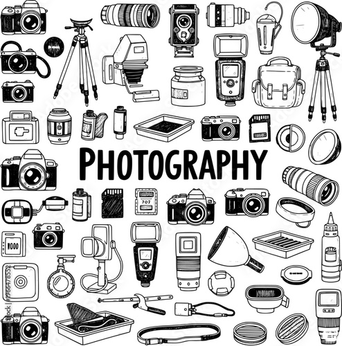 Hand Drawn Photography Equipment and Accessories Doodle Art Set with Cameras, Lenses, Flashes, and Darkroom Tools