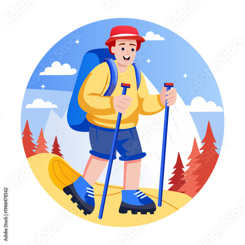 Flat style illustration depicting trekking activity