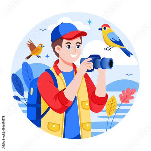 Flat style illustration depicting bird watching