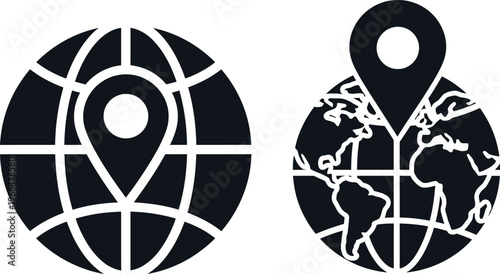 Global location and navigation icons with world map earth globes and location map pins vector illustration