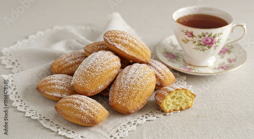 Madeleines with powdered sugar on lace napkin. Classic french pastry for dessert or snack. Comfort food for tea time.
