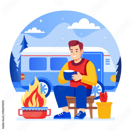 A flat style illustration of enjoying tea