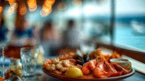 Seafood platter feast with bokeh lights at waterfront restaurant.