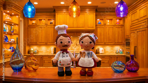 Two charming handmade crochet amigurumi dolls, a male chef with a tall white hat and a female cook wearing an apron, stand affectionately holding hands on a polished wooden surface, showcasing