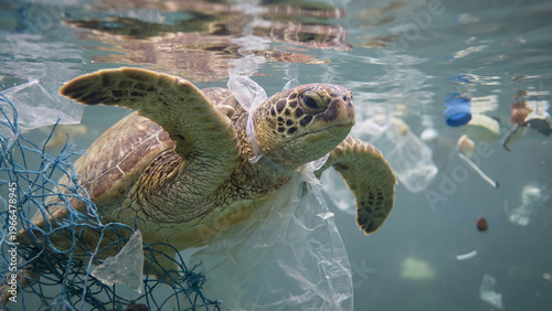 Sea turtle swimming in ocean with plastic debris concept of World Environment Day  