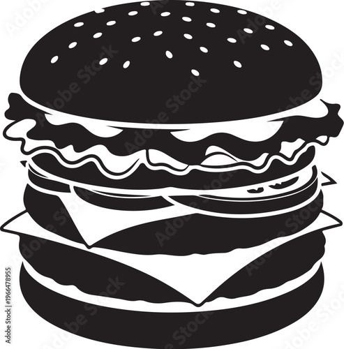 Black and White Illustration of a Juicy Hamburger Closeup