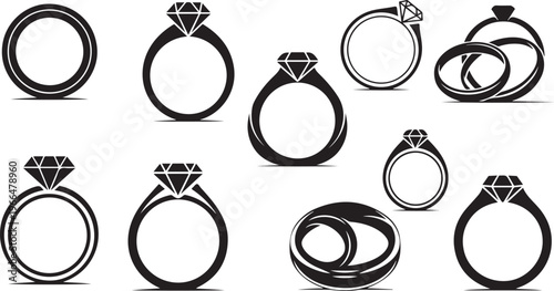 Collection of diamond ring illustrations in black and white