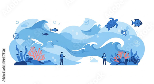 Illustration of people interacting with ocean waves, coral, and marine life in a stylized blue scene