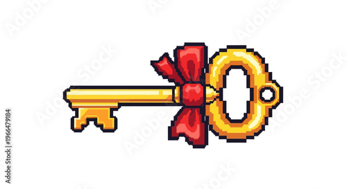 Golden Pixel Art Key with Red Ribbon.