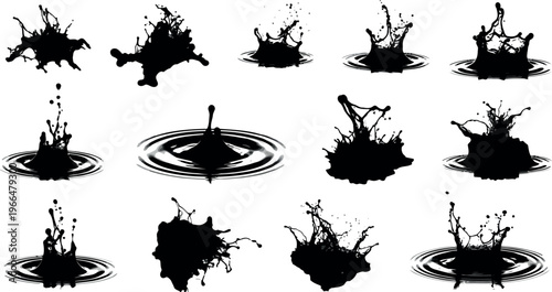 Collection of black ink splashes and drops isolated on white background various shapes with ink splash with paint splash with splash effect with ink drop with ink blot with paint splatter