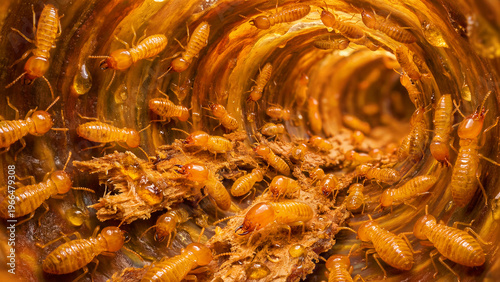 A fascinating, detailed close-up reveals a bustling colony of light brown subterranean termites, actively consuming and destroying wood inside their intricate, moist mud tunnel, showcasing their