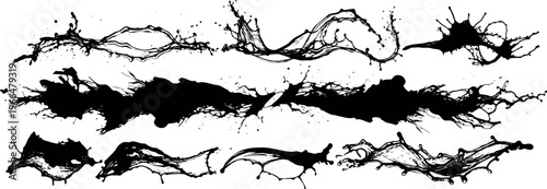 Black liquid splatter waves and drops abstract graphic design isolated white background with ink splash with paint splash with splash effect with liquid drop with brush stroke with water splash