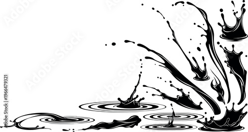 Black ink splashes and drops corner design dynamic fluid motion isolated white background with ink splash with paint splash with splash effect with ink drop with water splash with ink blot