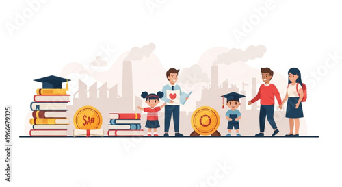 Illustration of diverse family members wearing graduation caps standing with books and coins in an urban background with a joyful mood