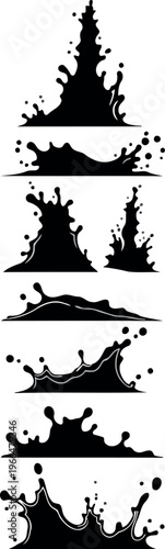 Black liquid splashes and explosions, abstract fluid dynamics shapes and droplets isolated on white background, liquid splash, water splash, paint splash, ink splash, liquid element, abstract shape