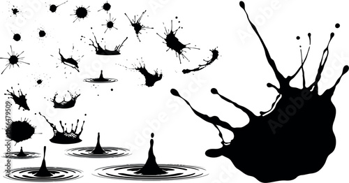 Black ink drops and splashes collection, abstract liquid dynamics and isolated splash effects for design, water splash, graphic elements, white background, paint splash, liquid art, digital art