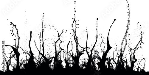 Abstract black liquid sprout graphics, dynamic splatter and droplet elements for organic design projects, ink splatter, liquid splash, graphic elements, white background, liquid art, digital art