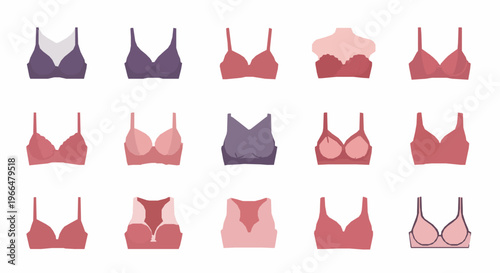Flat women bra icon set with push up, sports, lace, and everyday lingerie collection