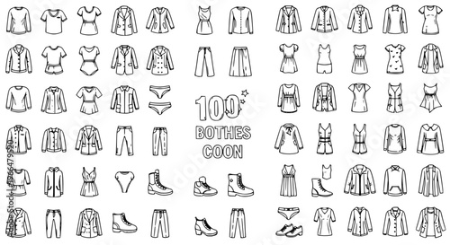 Detailed 100 clothes outline icon set organized by apparel categories and fashion elements
