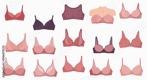 Detailed flat women bra icon set with lingerie styles, push up, sports, and everyday bras