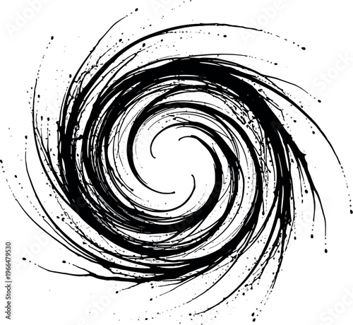 Black ink vortex splash swirl abstract graphic design element, dynamic motion, energy spiral, grunge texture, paint splash, ink splatter, brush stroke, graphic resource