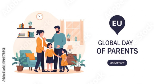 Illustration of a family with two parents and two children standing together in a cozy living room with warm beige tones and plants