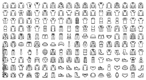 100 clothes outline icon set with apparel, fashion garments, and accessories collection