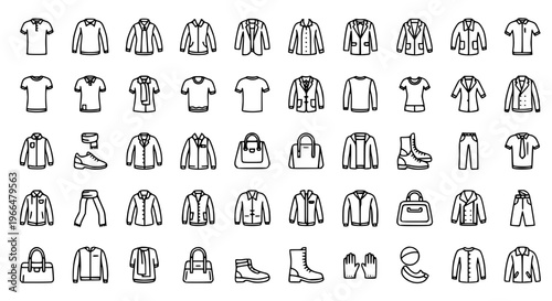 Modern 100 clothes outline icons collection with fashion apparel, footwear, and accessories