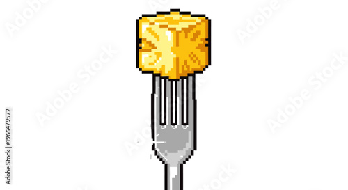 Pixelated Cube of Cheese on a Fork.